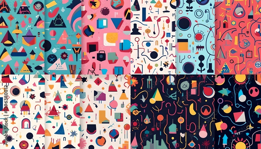 Naklejka premium Seamless Memphis-style patterns with bold, colorful geometric shapes in playful, retro 80s and 90s design.