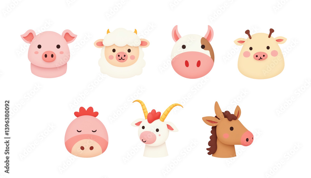 Obraz premium Cute cartoon farm animal faces, white isolated background