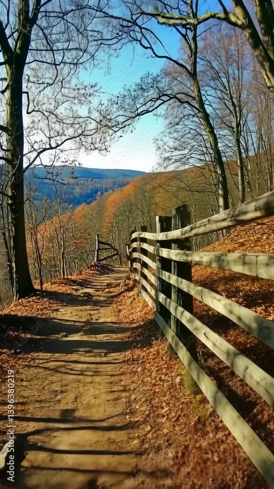 Scenic hiking trail through autumn forest with wooden fence and mountain view Scenic hiking trail through autumn forest with wooden fence and mountain view