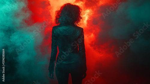 Obraz na płótnie A young female silhouette blends with soft lighting and vibrant cloudscape, creating a dreamlike fusion that symbolizes emotional depth, inner peace, and surreal connection to the modern world.
w salonie