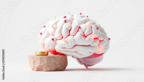 Three Dimensional Render Of A Human Brain With Pink And White Highlights