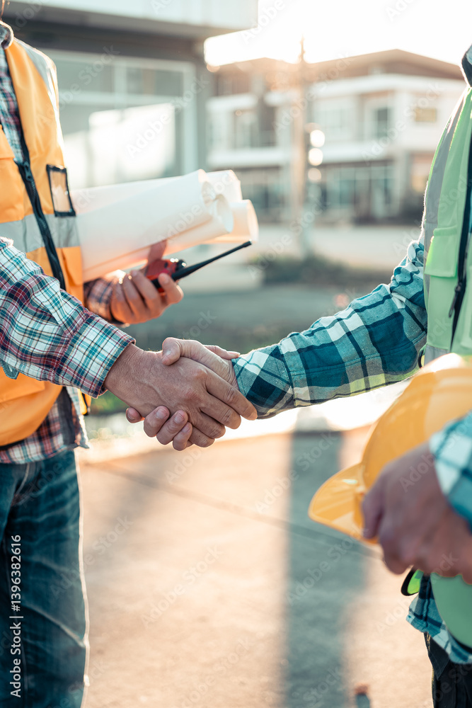 Construction workers and engineers shaking hands while working on construction site. Team of male engineers and contractors looking at blueprints and shaking hands at construction site. Teamwork conce