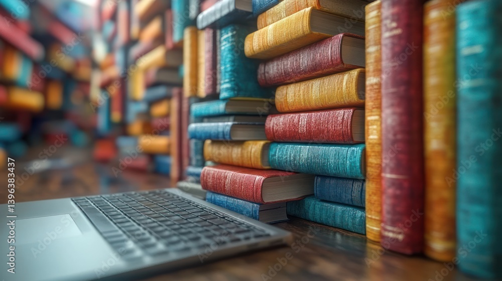 Naklejka premium Digital Age of Literature: Books and Laptop