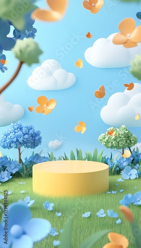 Display Podium on Animated Spring Scene with Flowers and Clouds