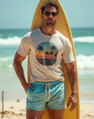 A male model in a laid-back surf-inspired outfit with board shorts and a graphic tee, leaning against a surfboard on a sunny beach