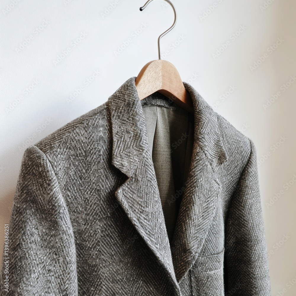 Structured grey blazer on wooden hanger against white background Structured grey blazer on wooden hanger against white background