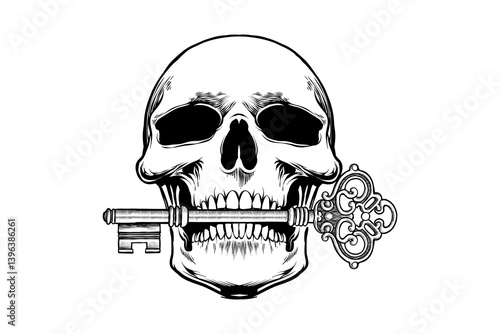 illustration drawing of skull biting key