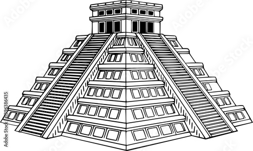 Aztec Pyramid Coloring Page Vector – Ancient Mesoamerican Temple Line Art for Kids and Adults, Black and White Historical Architecture Illustration for Printable and Digital Use