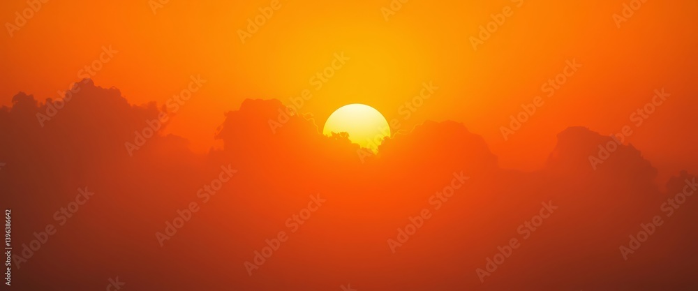 Obraz premium Apocalyptic orange sky, sun blazing through hazy clouds, heatwave backdrop, atmospheric pollution, climate impact