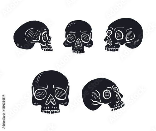 Hand drawn black silhouette human skulls set isolated on white background. Monochrome skeleton head designs bundle