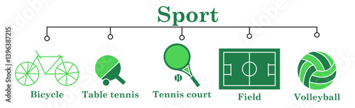 Sport banner web icon vector illustration concept with icon of bicycle,table tennis,tennis court,field,volleyball