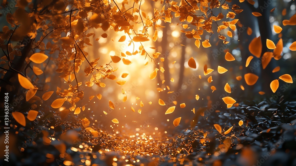 Falling Autumn Leaves Illuminated by Golden Light in a Forest Scene Falling Autumn Leaves Illuminated by Golden Light in a Forest Scene
