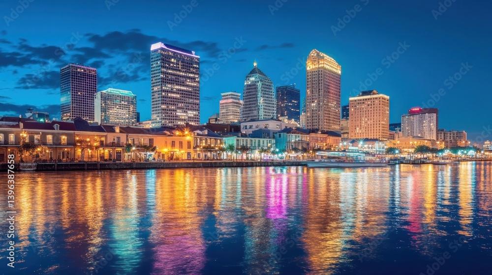 Naklejka premium Night View of New Orleans Skyline with River Reflection