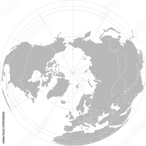 World vector map with country boundaries and graticules (Northern hemisphere, north pole orthographic projection, PPT-compatible & fully editable)
