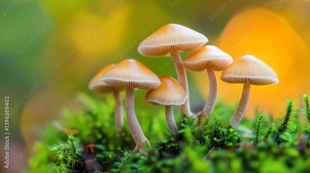 Fototapeta premium Small Mushrooms Growing on Moss in Forest with Bokeh Background