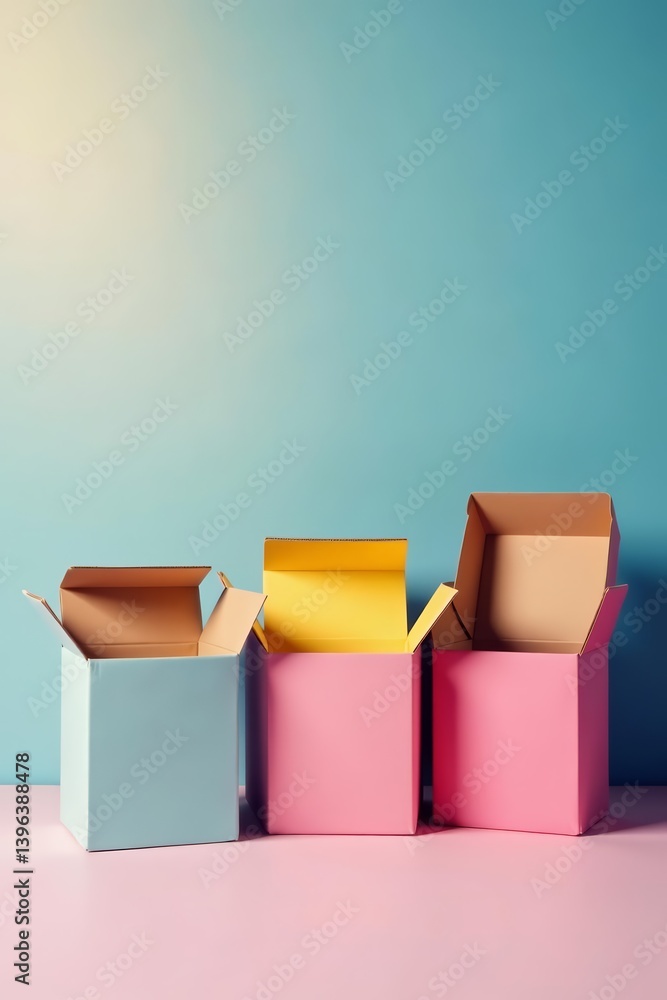 Close up of three slightly opened cardboard boxes on plain backdrop, Mock up, Packaging design Close up of three slightly opened cardboard boxes on plain backdrop, Mock up, Packaging design