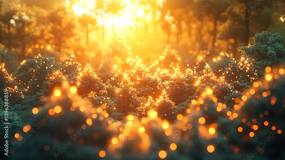 Fototapeta premium Sunlit Forest Landscape with Bokeh Lights and Glowing Foliage Background