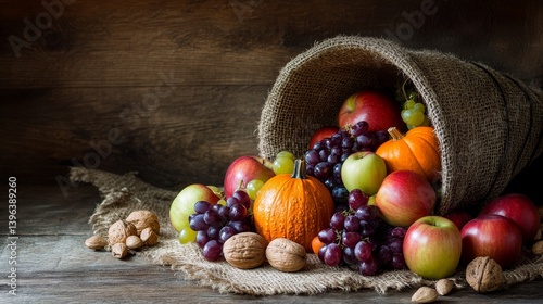 rustic cornucopia with pumpkins, apples, grapes, and nuts on a burlap-covered table harvest 
