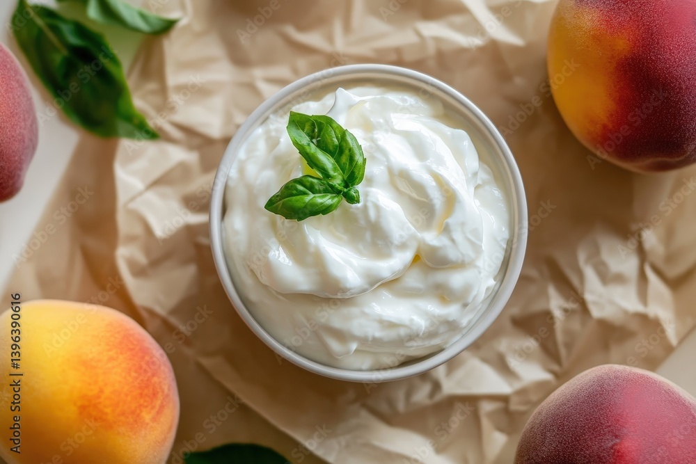 Creamy whipped topping in a bowl with fresh basil, surrounded by peaches. Creamy whipped topping in a bowl with fresh basil, surrounded by peaches.
