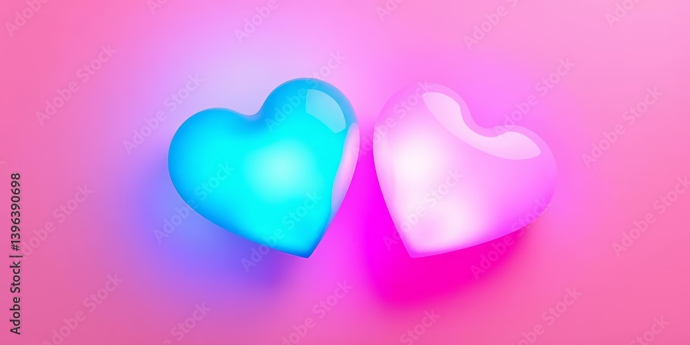 Two vibrant blue and pink hearts glow on a soft pink backdrop, shadow, couple Two vibrant blue and pink hearts glow on a soft pink backdrop, shadow, couple