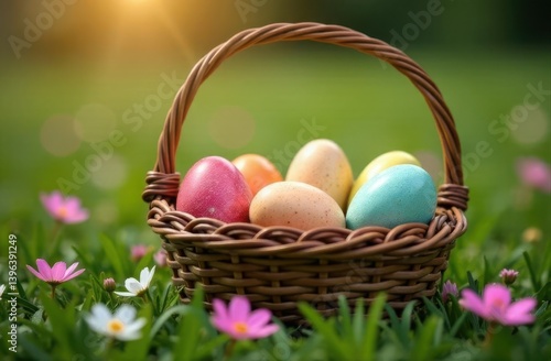 Easter basket with eggs on the lawn 