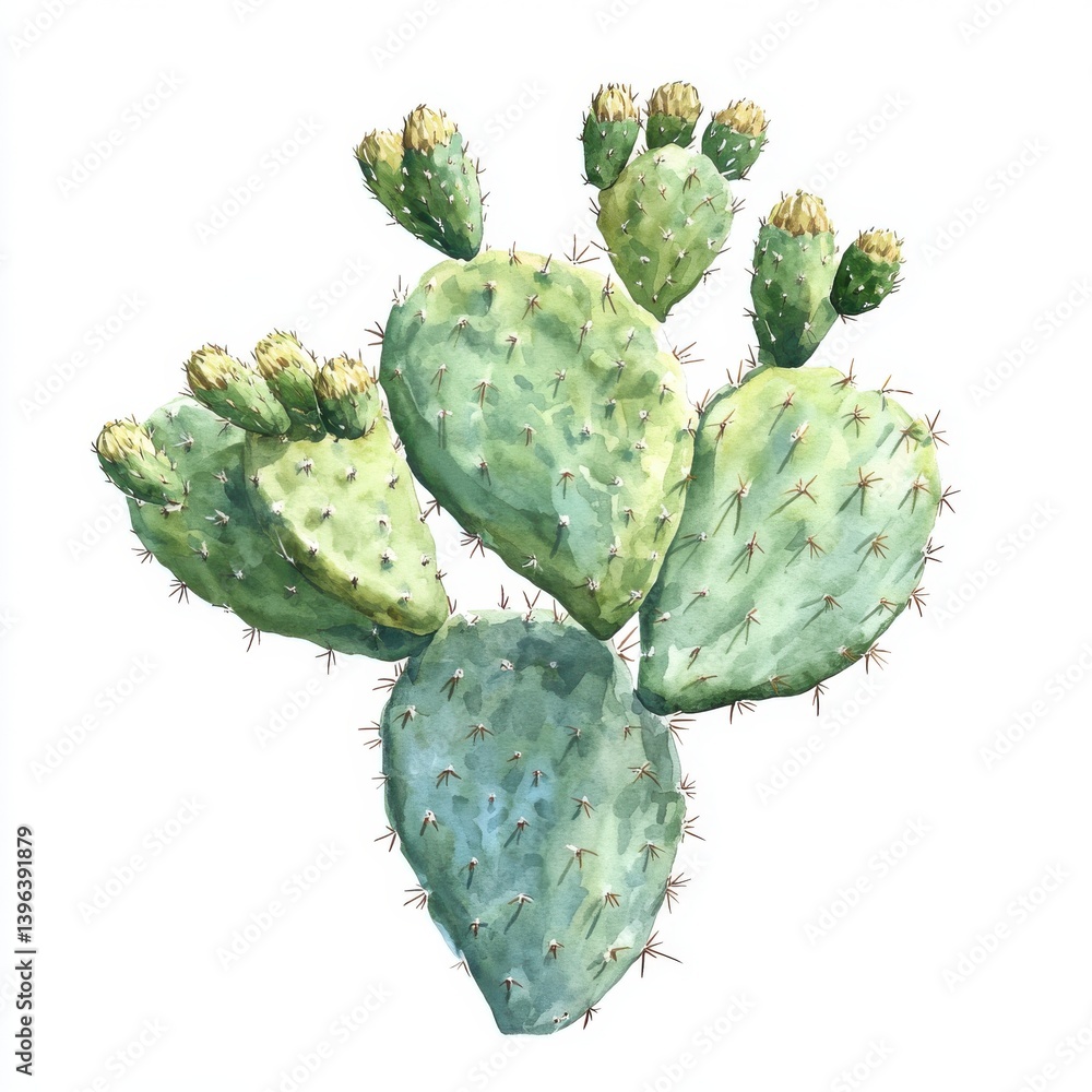 Watercolor painting of a prickly pear cactus with small buds on top on transparent background Watercolor painting of a prickly pear cactus with small buds on top on transparent background