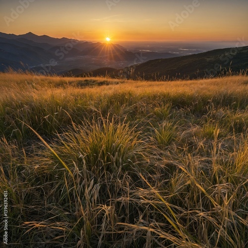 Sunset casting golden light on a mountain behind a sea of grass