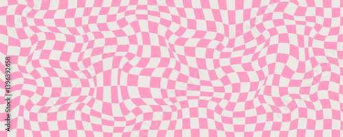 Vintage Psychedelic Checkerboard Background with Pink and White Colors. Trippy design with distortion grid effect. Twisted wavy and groovy geometrical chessboard. Distorted funky 70s hippie art
