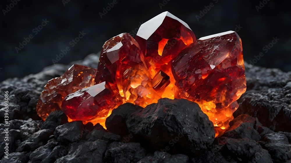 Glowing Red Crystals on Coal Gemstone Mineral Raw Nature