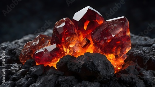 Obraz na płótnie Glowing Red Crystals on Coal Gemstone Mineral Raw Nature w salonie