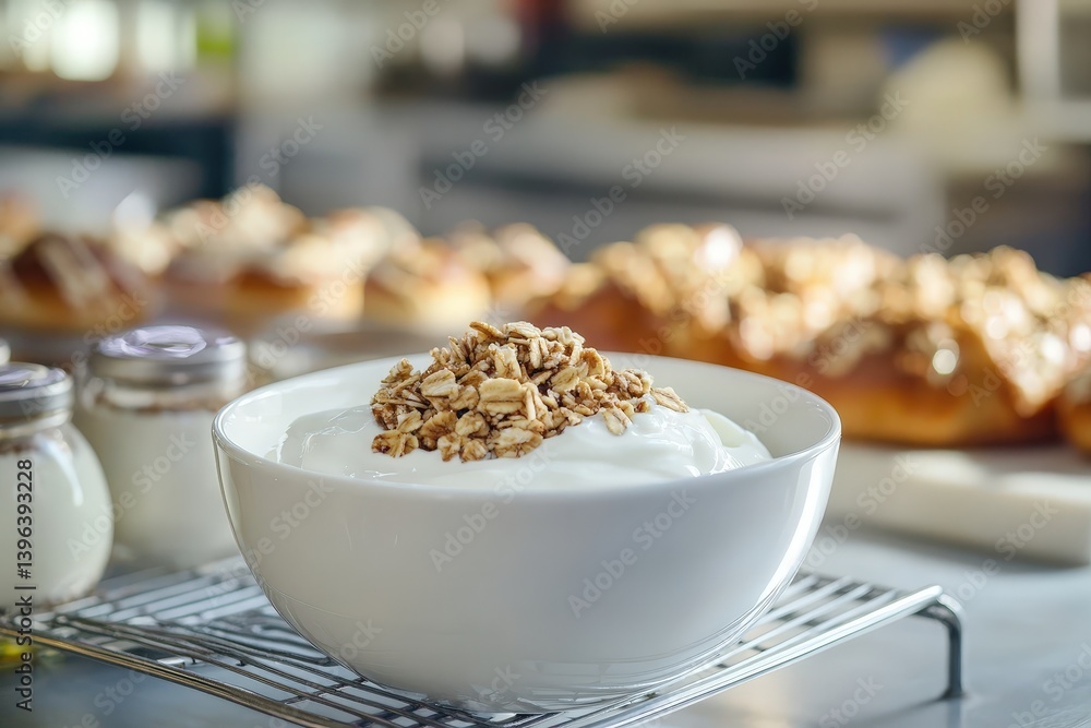 Yogurt with granola in a bowl, a healthy breakfast option. Yogurt with granola in a bowl, a healthy breakfast option.