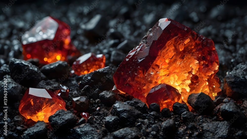 Glowing Red Crystals on Coal Raw Gemstones Mineral Wealth