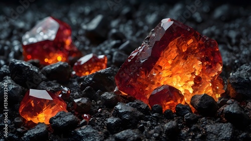 Obraz na płótnie Glowing Red Crystals on Coal Raw Gemstones Mineral Wealth w salonie