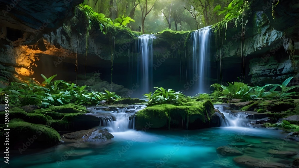 Lush Rainforest Waterfall Cave Pool Serenity Nature