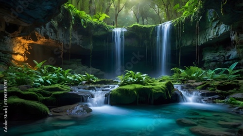 Lush Rainforest Waterfall Cave Pool Serenity Nature