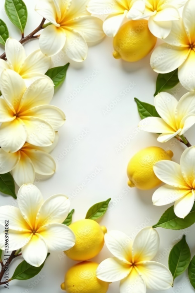 Fototapeta premium Beautiful repeated design featuring blooming lemon flowers in a white color scheme, seamless, summer