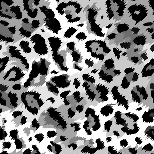 Vector trendy snow leopard hand drawn seamless pattern. Detailed wild animal skin, natural black and white cheetah texture for fashion print, fabric, textile, cover, wrapping, background, wallpaper.