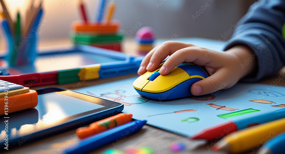Digital Explorer: A small child's hand delicately guides a computer mouse across a vibrant learning surface, surrounded by tools of creativity. Digital Explorer: A small child's hand delicately guides a computer mouse across a vibrant learning surface, surrounded by tools of creativity.