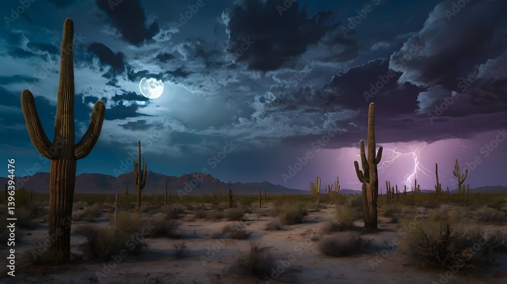 Desert Night Saguaro Cactus Lightning Storm Full Moon