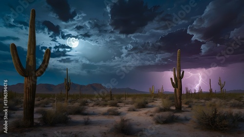 Obraz na płótnie Desert Night Saguaro Cactus Lightning Storm Full Moon w salonie