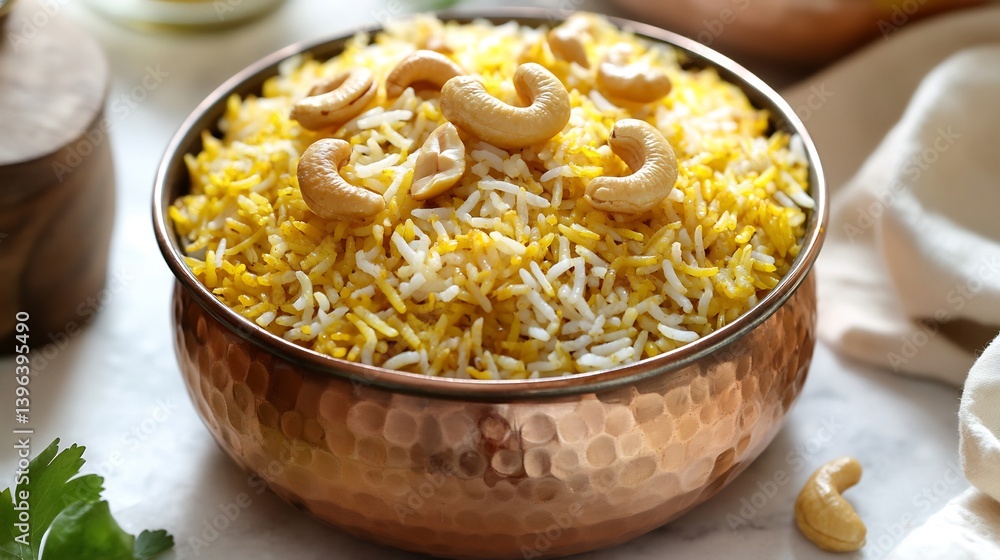 Top down view of biryani layered saffron rice garnished with cashews and served in a copper bowl Top down view of biryani layered saffron rice garnished with cashews and served in a copper bowl