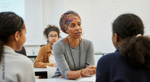 African female teacher engaging with students in classroom discussion