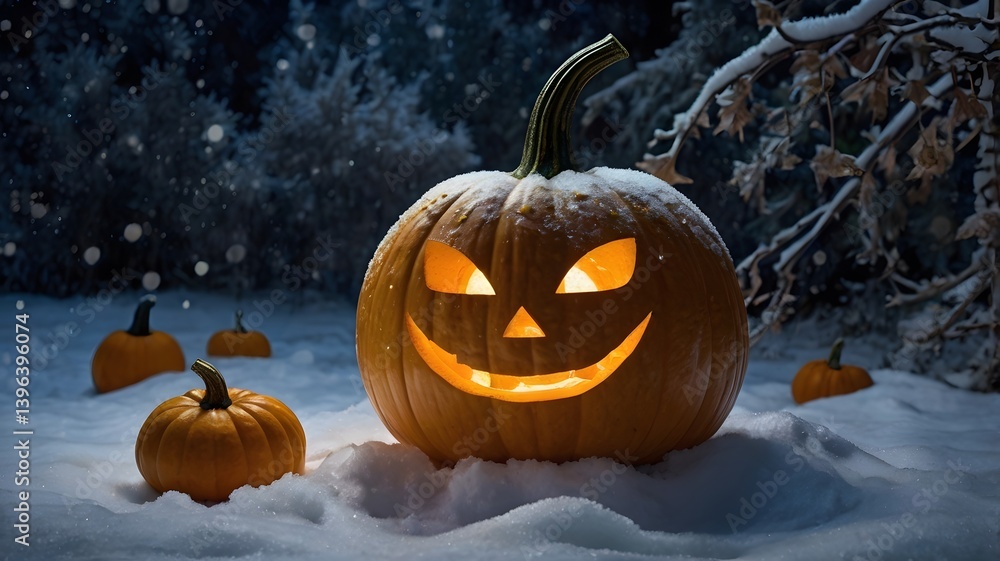 Illuminated Jack o lantern in Snowy Winter Night