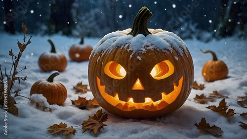Illuminated Jack o  lantern in Snowy Halloween Scene