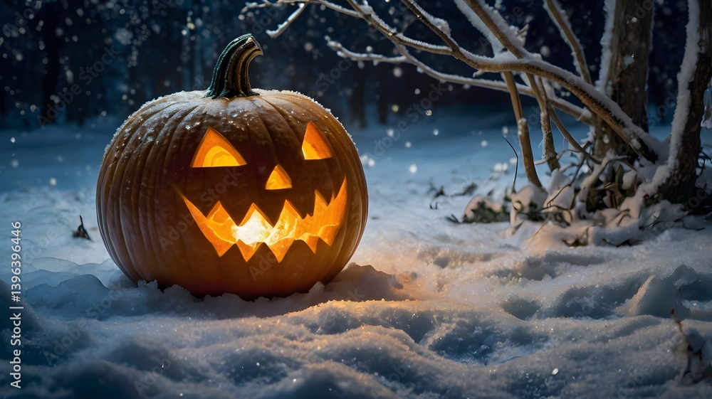 Illuminated Jack o lantern in Snowy Winter Night