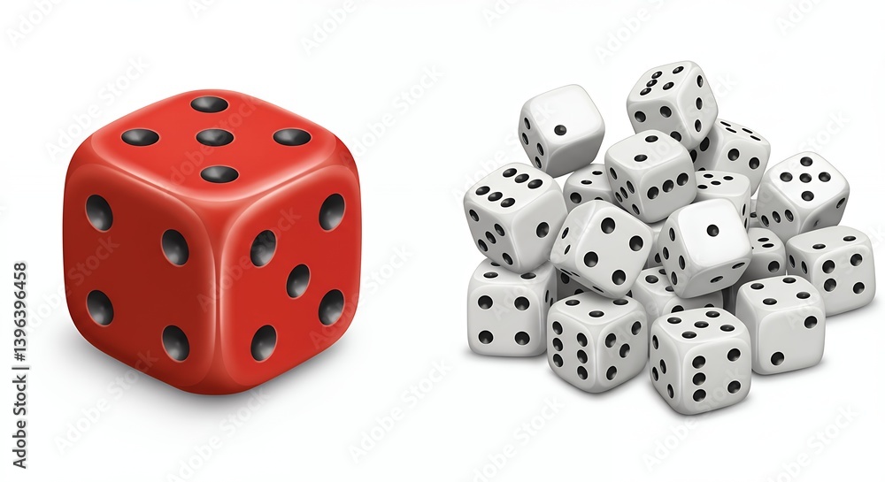 Playing Dice Arrangement One Red and Pile of White Game Dice Playing Dice Arrangement One Red and Pile of White Game Dice