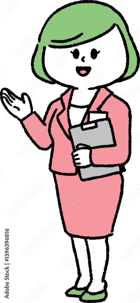 ファイルを持って紹介しているスーツの女性（全身）
