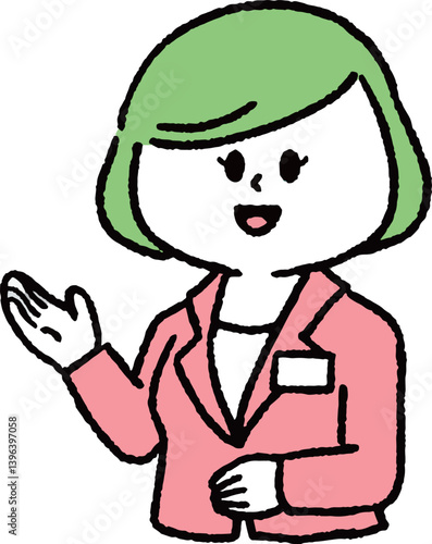 紹介しているスーツの女性