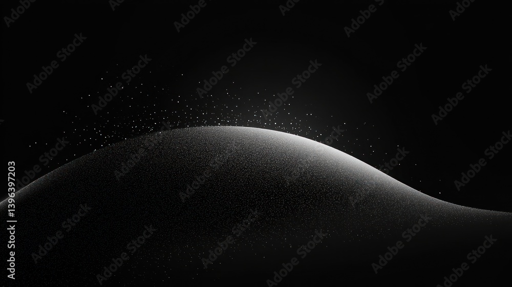 Obraz premium Abstract Monochromatic Landscape: A grayscale digital art piece depicting a serene, undulating hill against a dark backdrop, speckled with minute particles suggestive of starlight or dust.