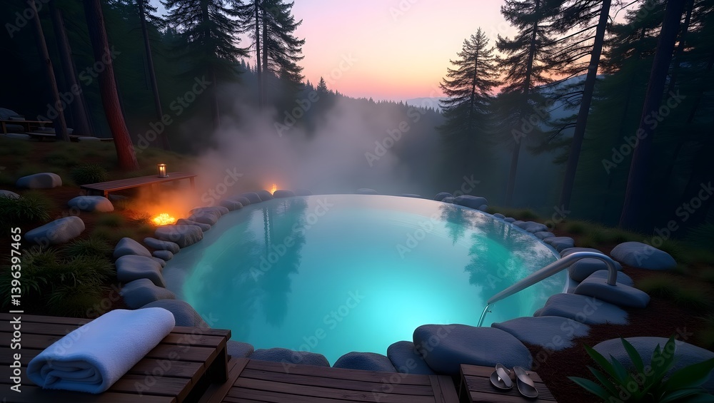 Serene Twilight Hot Tub in Misty Forest